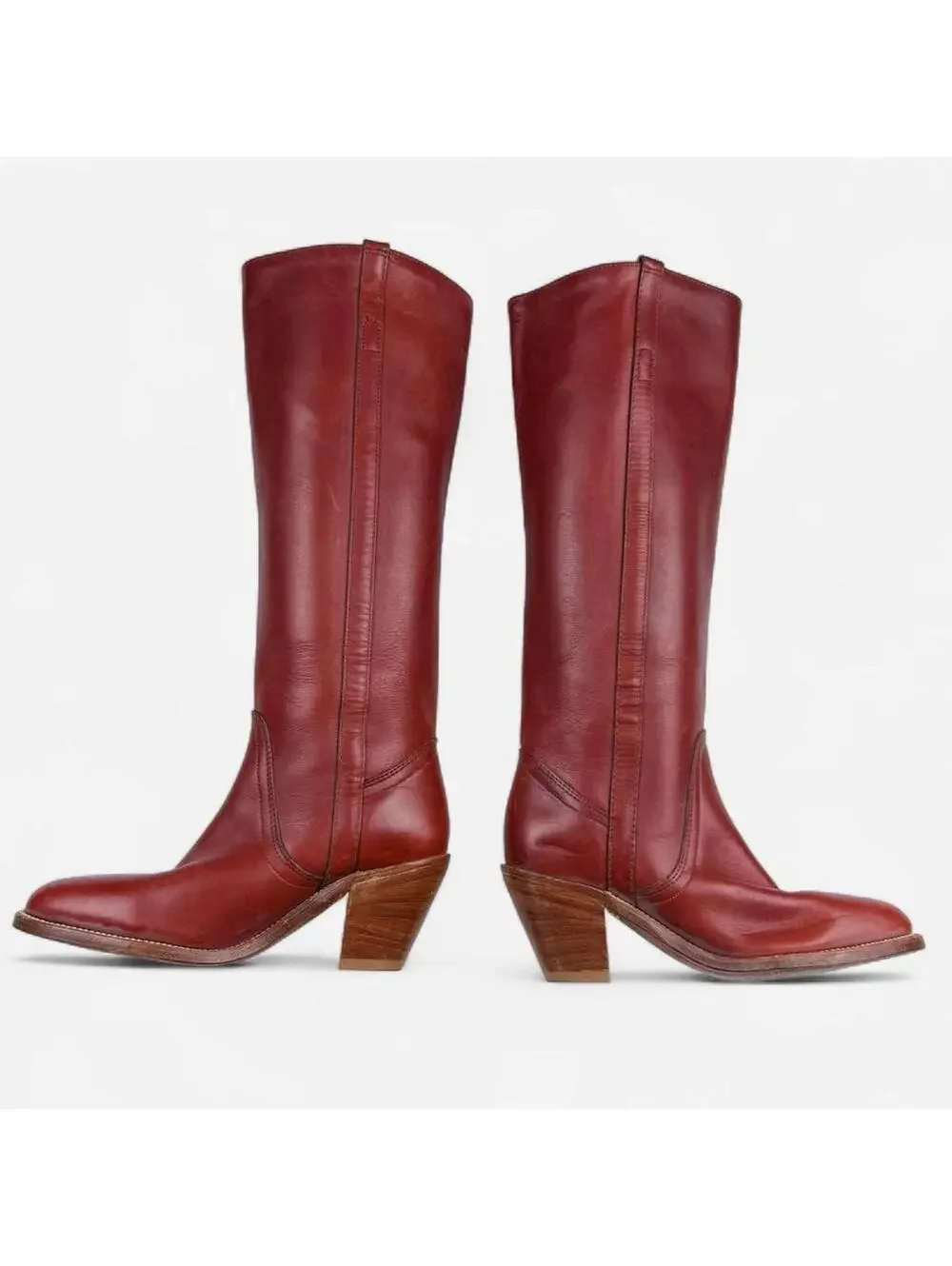 Frye 70s Campus Boots Tall Leather Stacked Heel in Oxblood Burgundy
